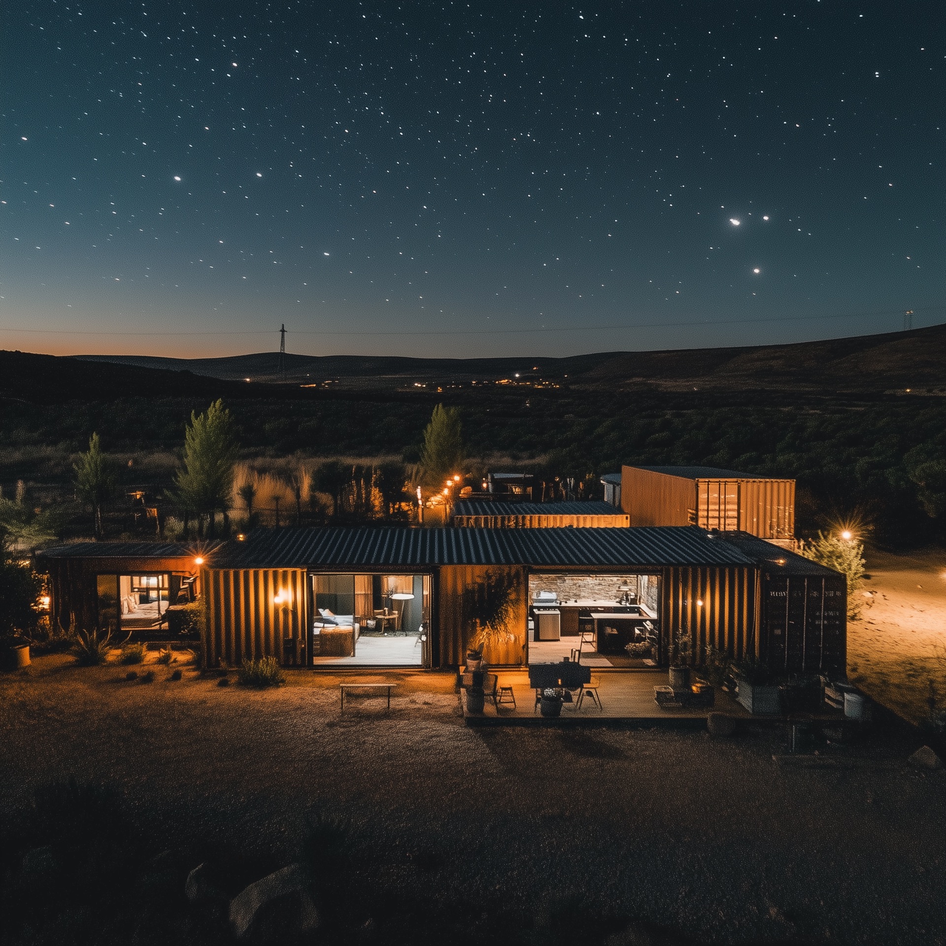 Container homes on a hillside at night
